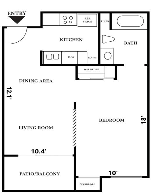 Floor plan for studio, 1 bath, 526 sqft